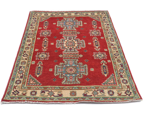 3x5 Red Kuba Afghan Hand Knotted Wool Area Rug